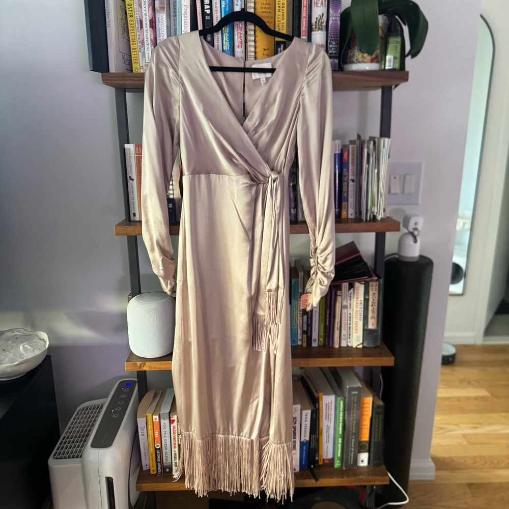Cinq a sept Elegant Cream Wrap Dress with Fringe silk midi long sleeve button
